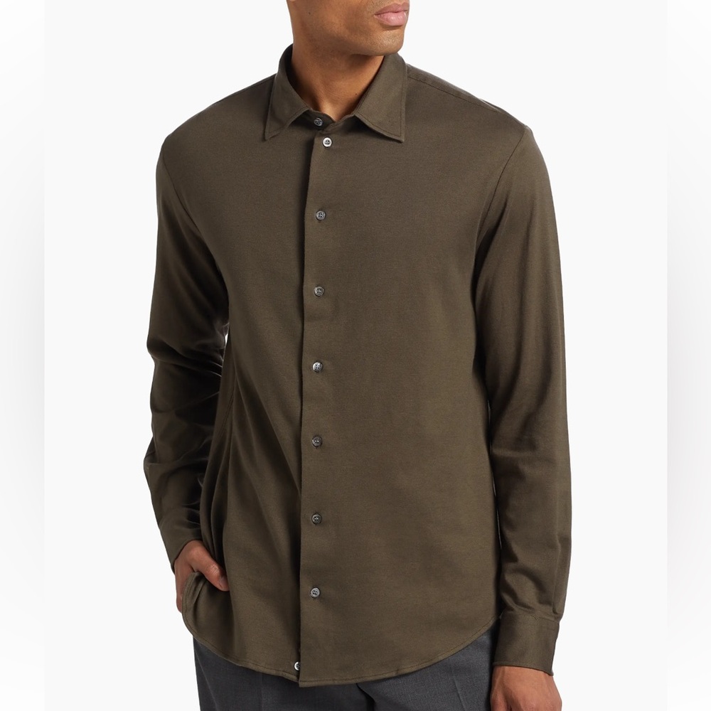 Emporio Armani Melange Cotton Jersey Green Button Up Shirt, Small/Medium
